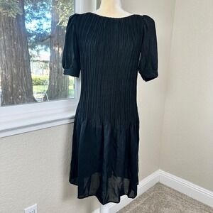 Vintage Jody California Pleated Drop Waist Dress Womens 5/6 Black Art Deco 1980s